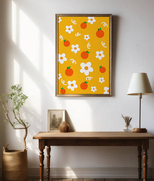 Playful floral and fruity pattern on a vibrant yellow background