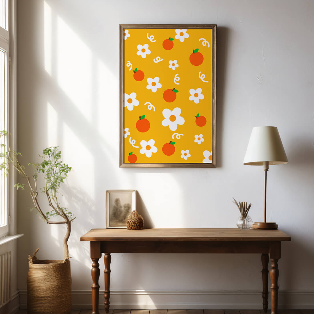 Playful floral and fruity pattern on a vibrant yellow background
