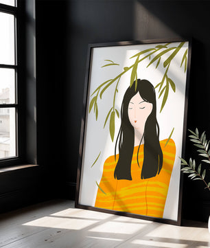 Illustration d'une femme en pull orange avec un fond de feuillage