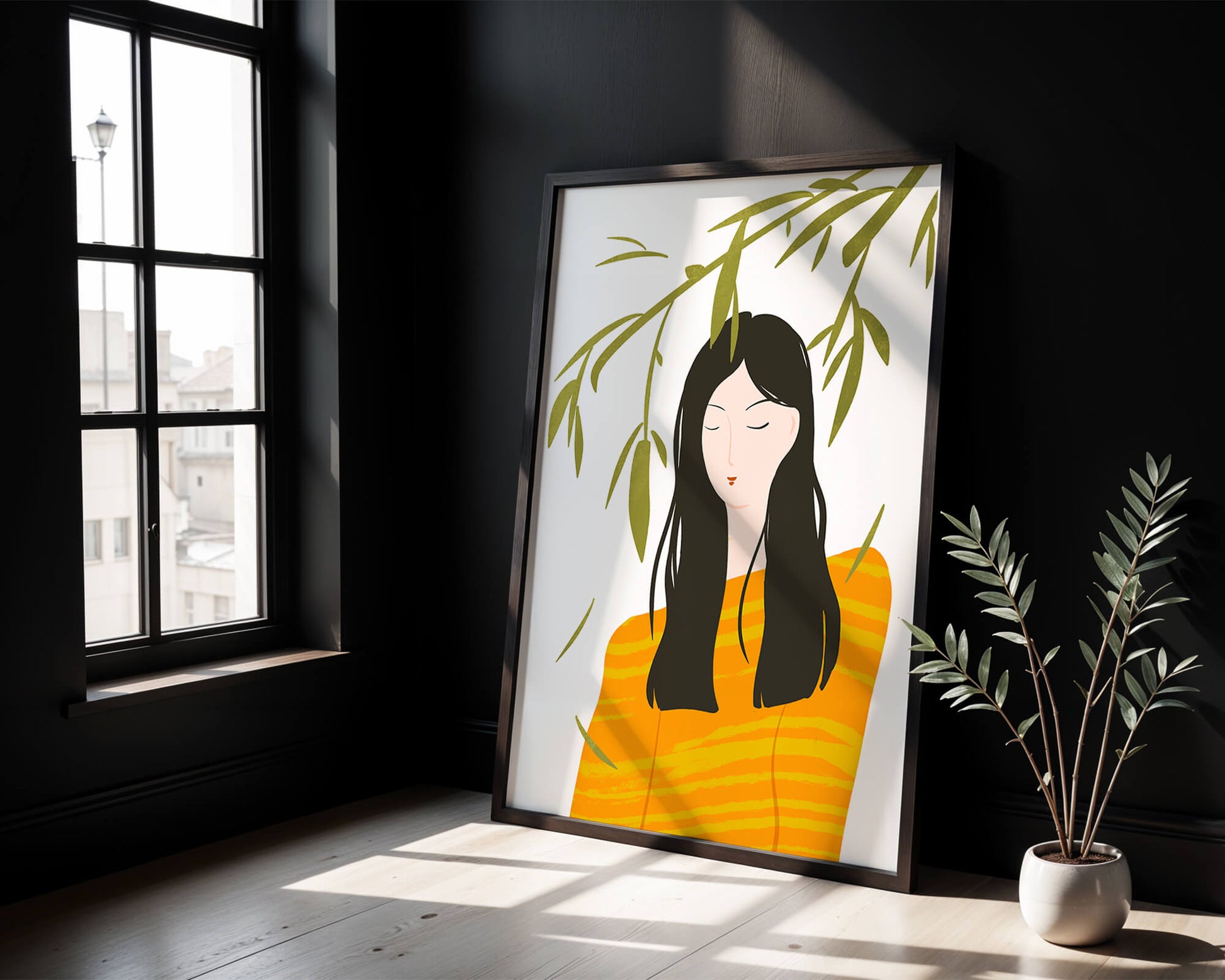 Woman in orange sweater with foliage backdrop illustration