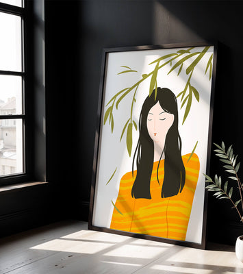 Woman in orange sweater with foliage backdrop illustration