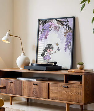 Charmante Illustration eines kleinen Mädchens mit Schmetterlingen und Glyzinienblüten