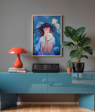 Enchanted underwater scene with girl and glowing jellyfish