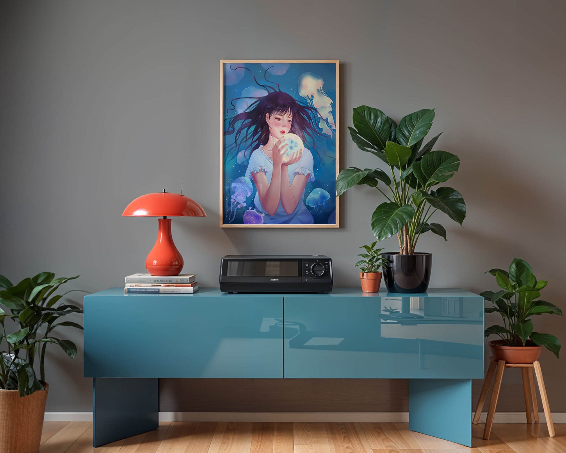 Enchanted underwater scene with girl and glowing jellyfish