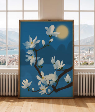 White magnolia branch under moonlight with blue background