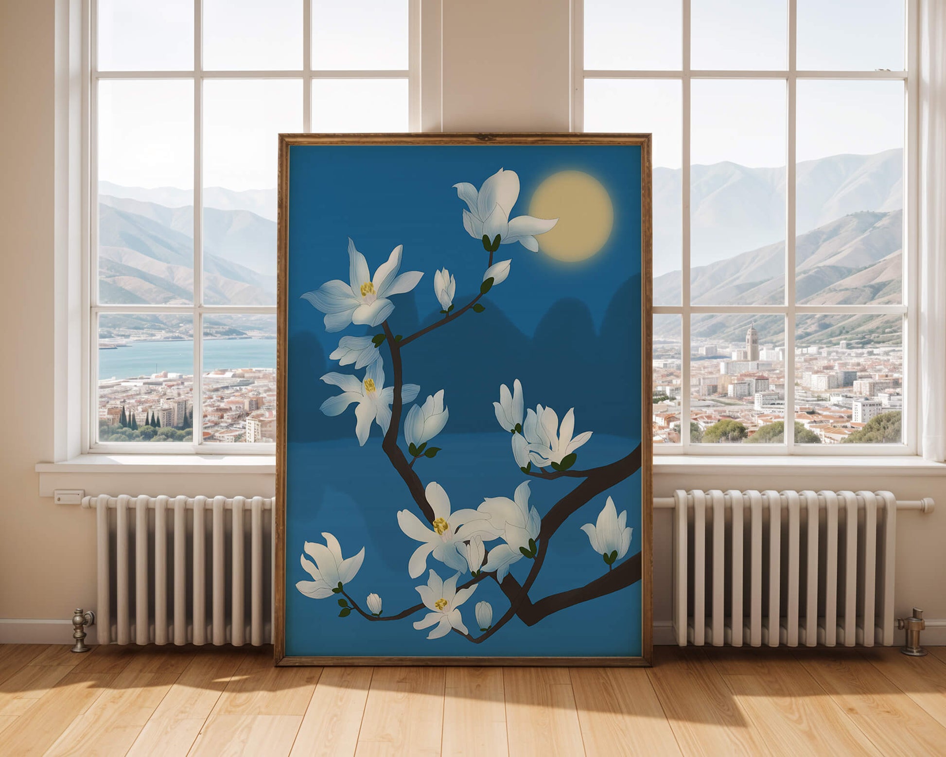 White magnolia branch under moonlight with blue background
