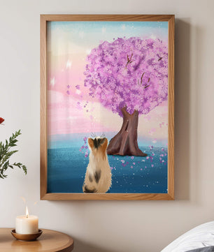 Serene scene with cat and blossoming cherry tree at sunrise