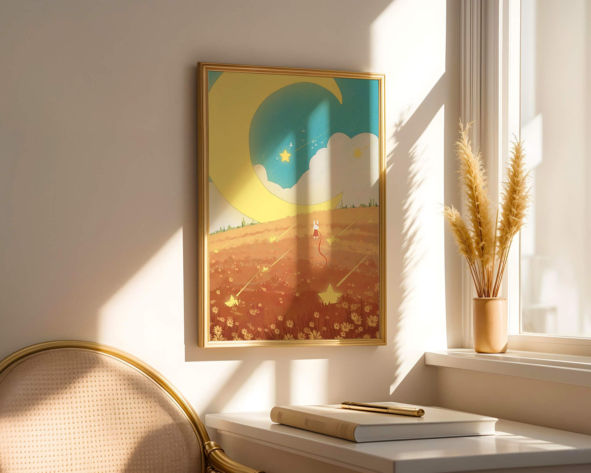 Dreamy Nighttime Landscape with Moon and Stars in a Field