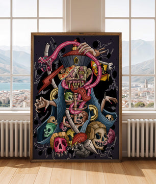 Colorful skeleton with skulls and snake illustration