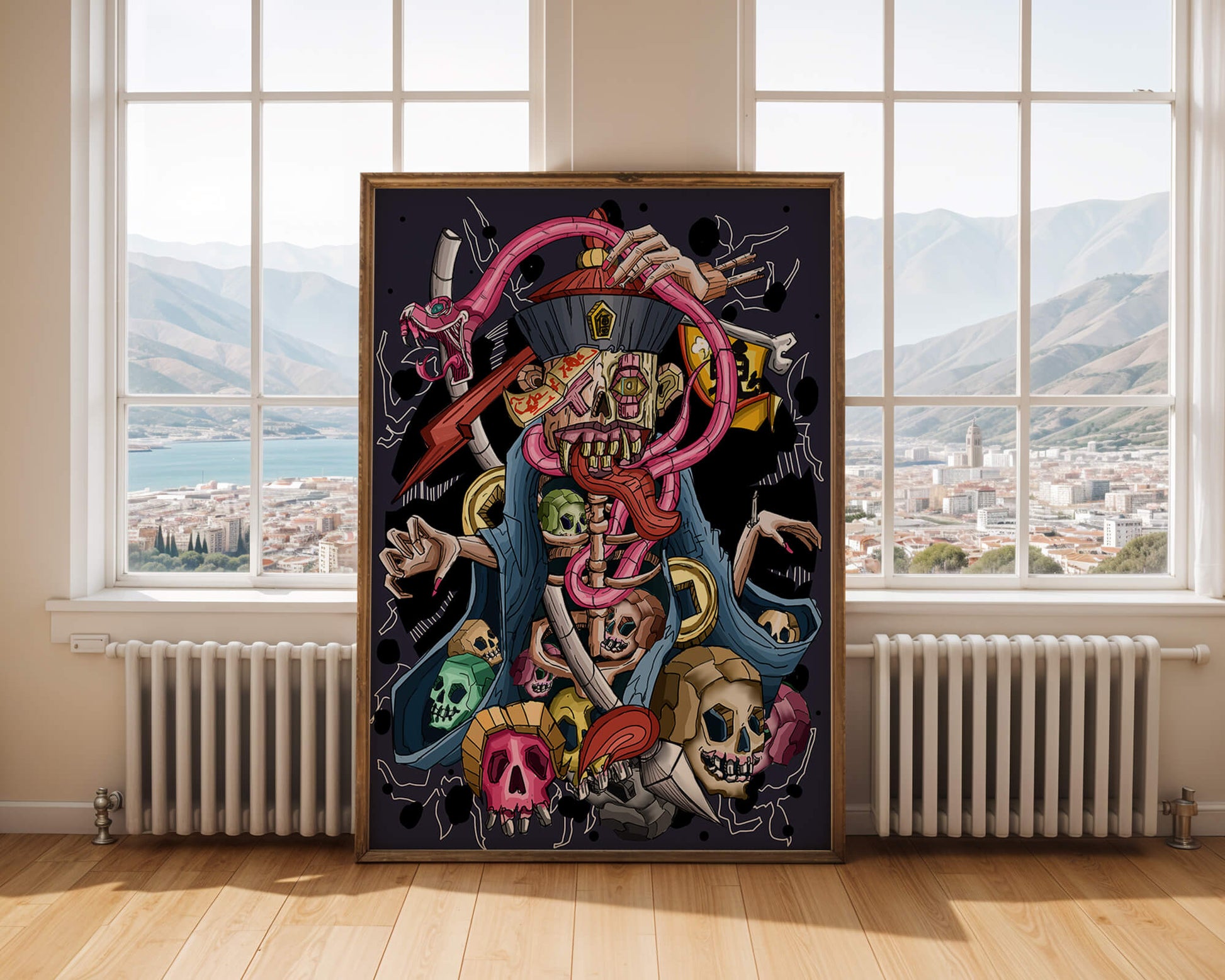 Colorful skeleton with skulls and snake illustration