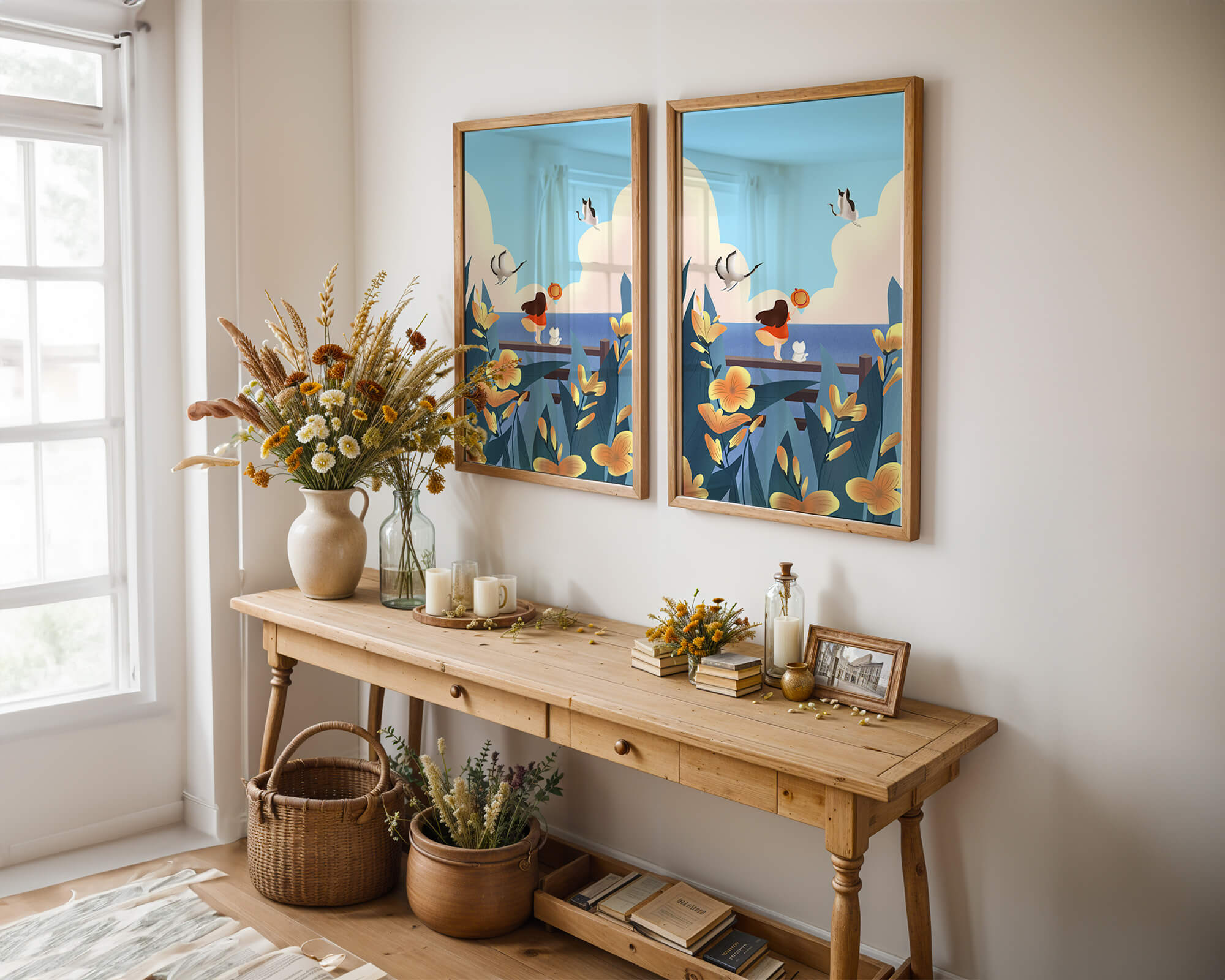 Serene seaside scene with girl, cat, and birds in nature