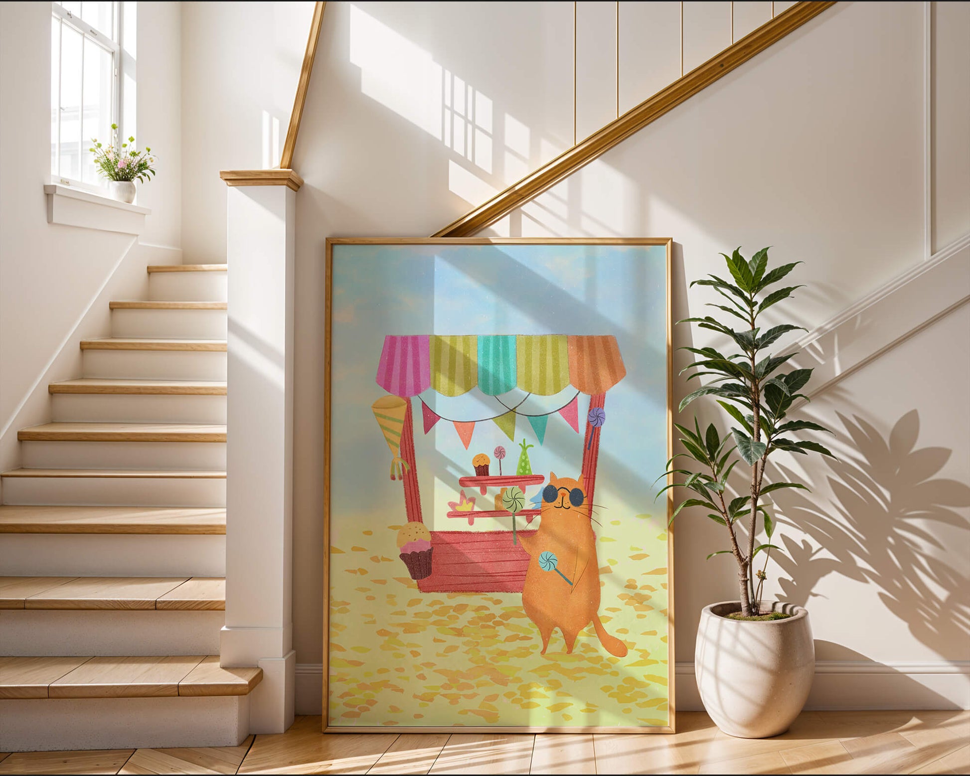 Illustrated Cat with Sunglasses at a Colorful Candy Stand