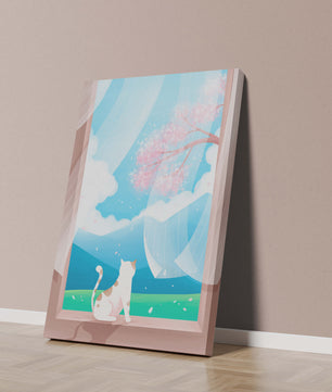 Serene scene with cat gazing out at cherry blossoms through window