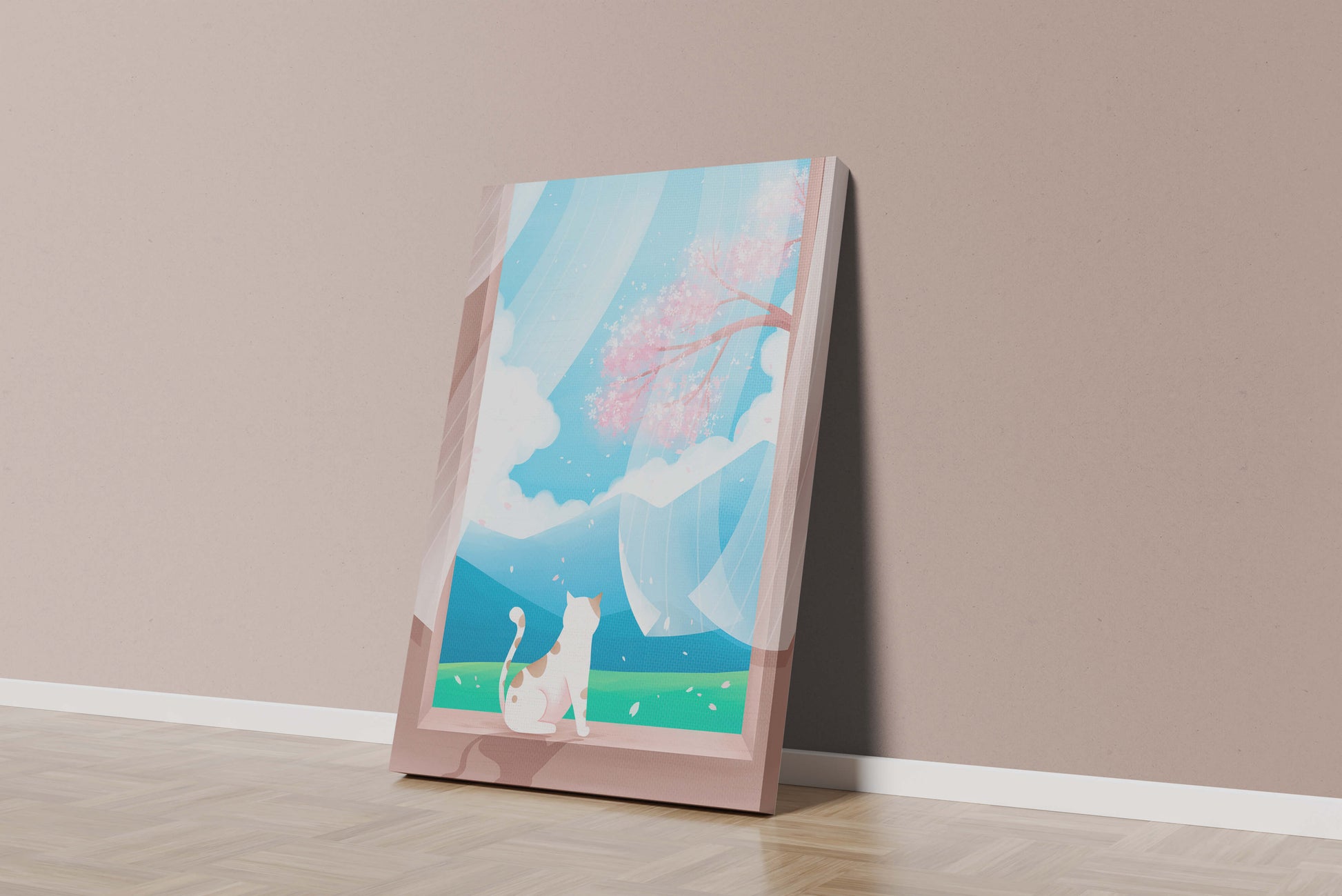 Serene scene with cat gazing out at cherry blossoms through window
