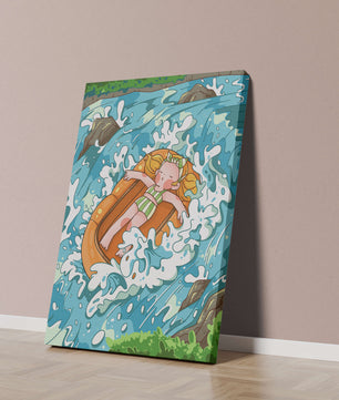 Adventurous raft ride down a vibrant cartoon river with character