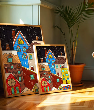 Farbenfrohe Winterstadtlandschaft mit schneebedeckten Häusern im Cartoon-Stil