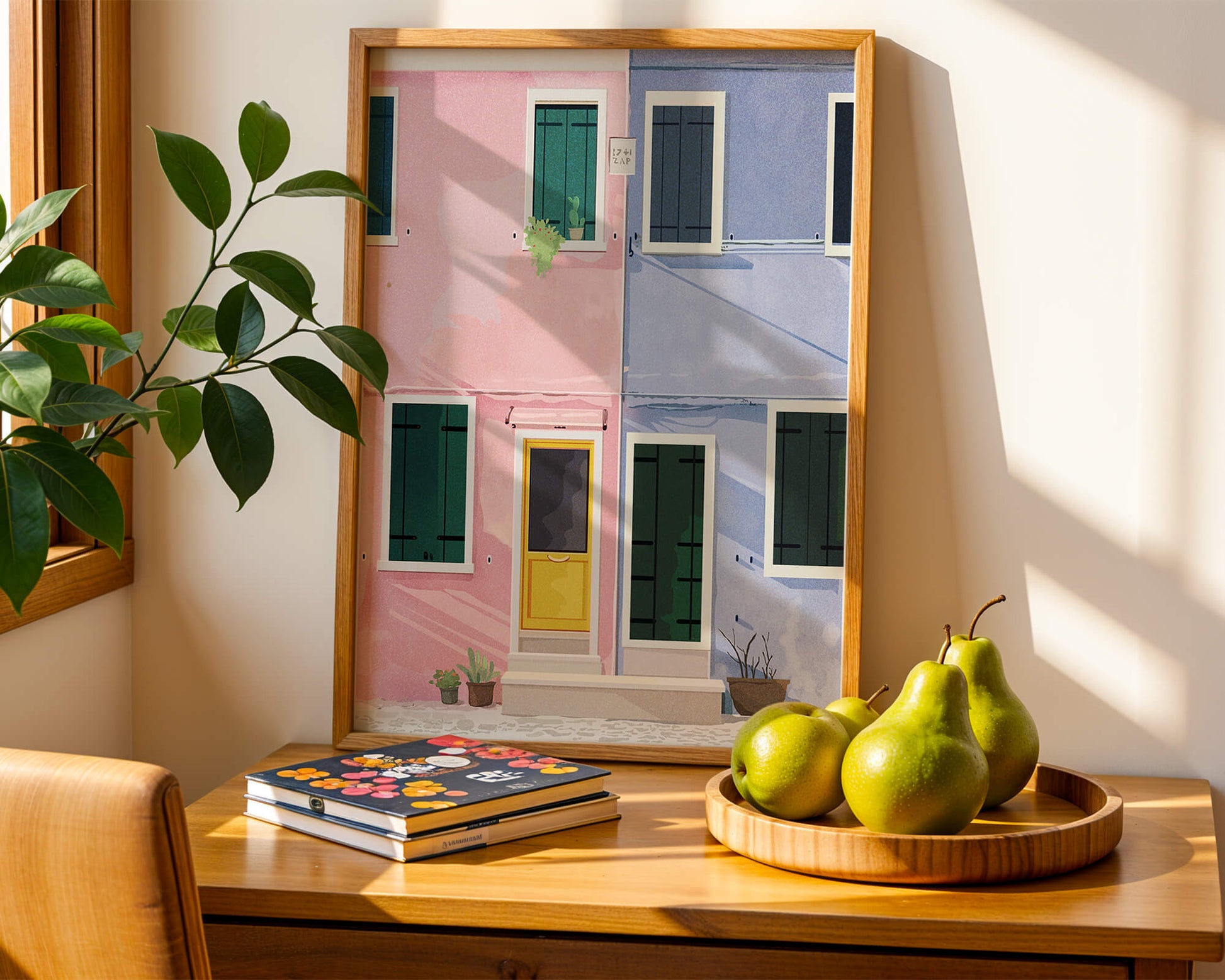 Charming pastel houses with colorful doors and windows