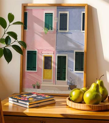 Charming pastel houses with colorful doors and windows
