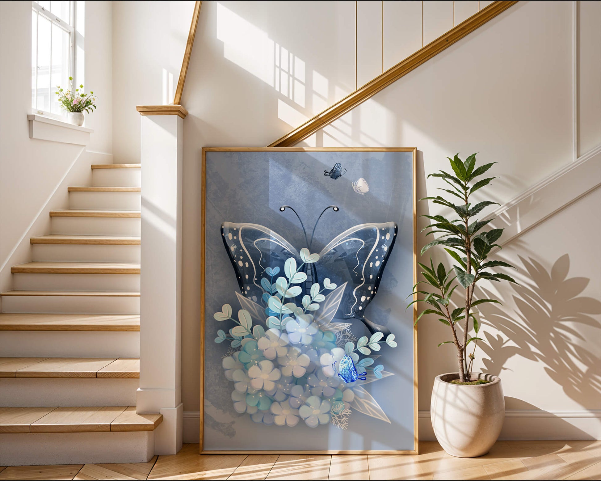 Floral and butterfly digital artwork in calming blue shades