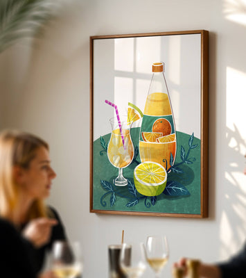 Colorful illustration of citrus drinks with bottle and glass