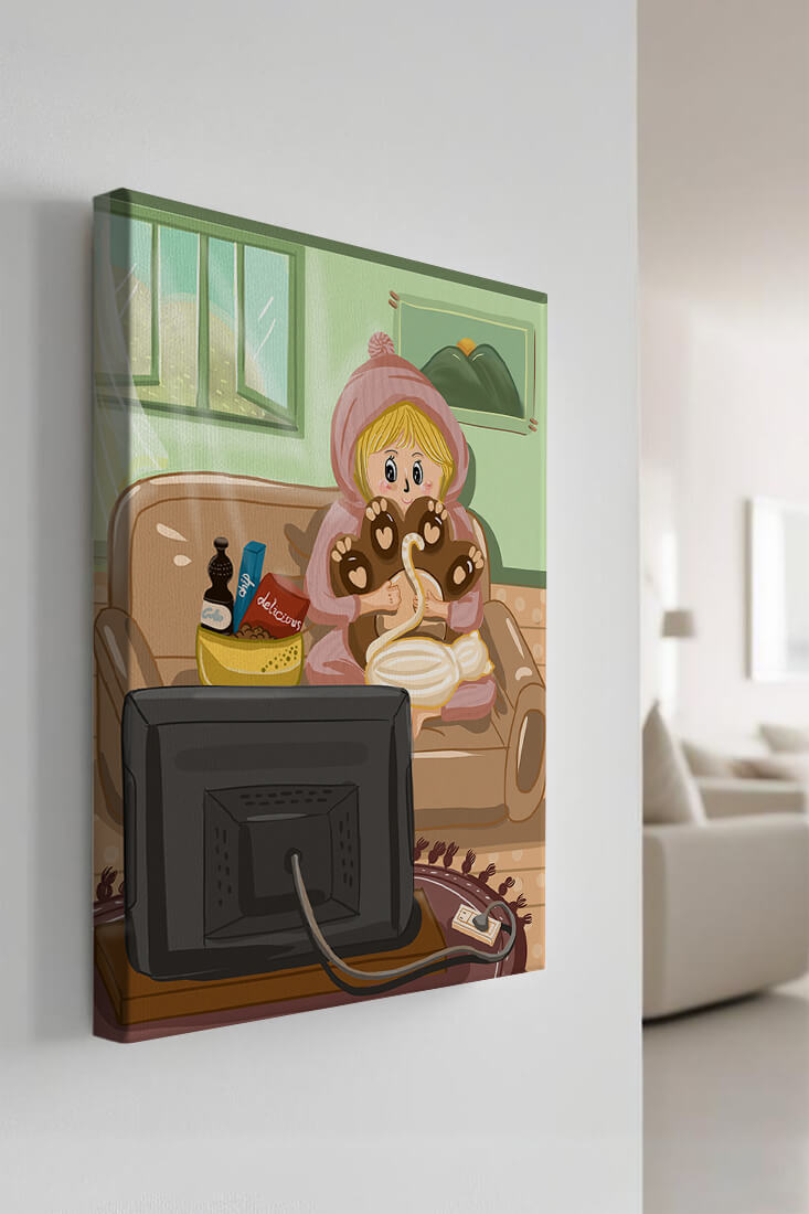 Cozy cartoon scene: person with cat and snacks on a sofa