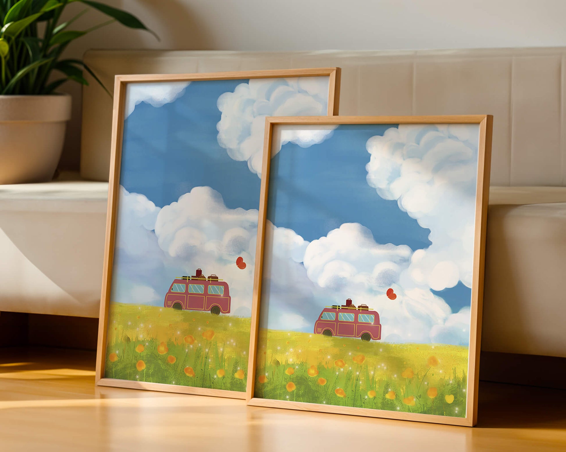 Colorful Van in a Vibrant Field with Balloons and Luggage