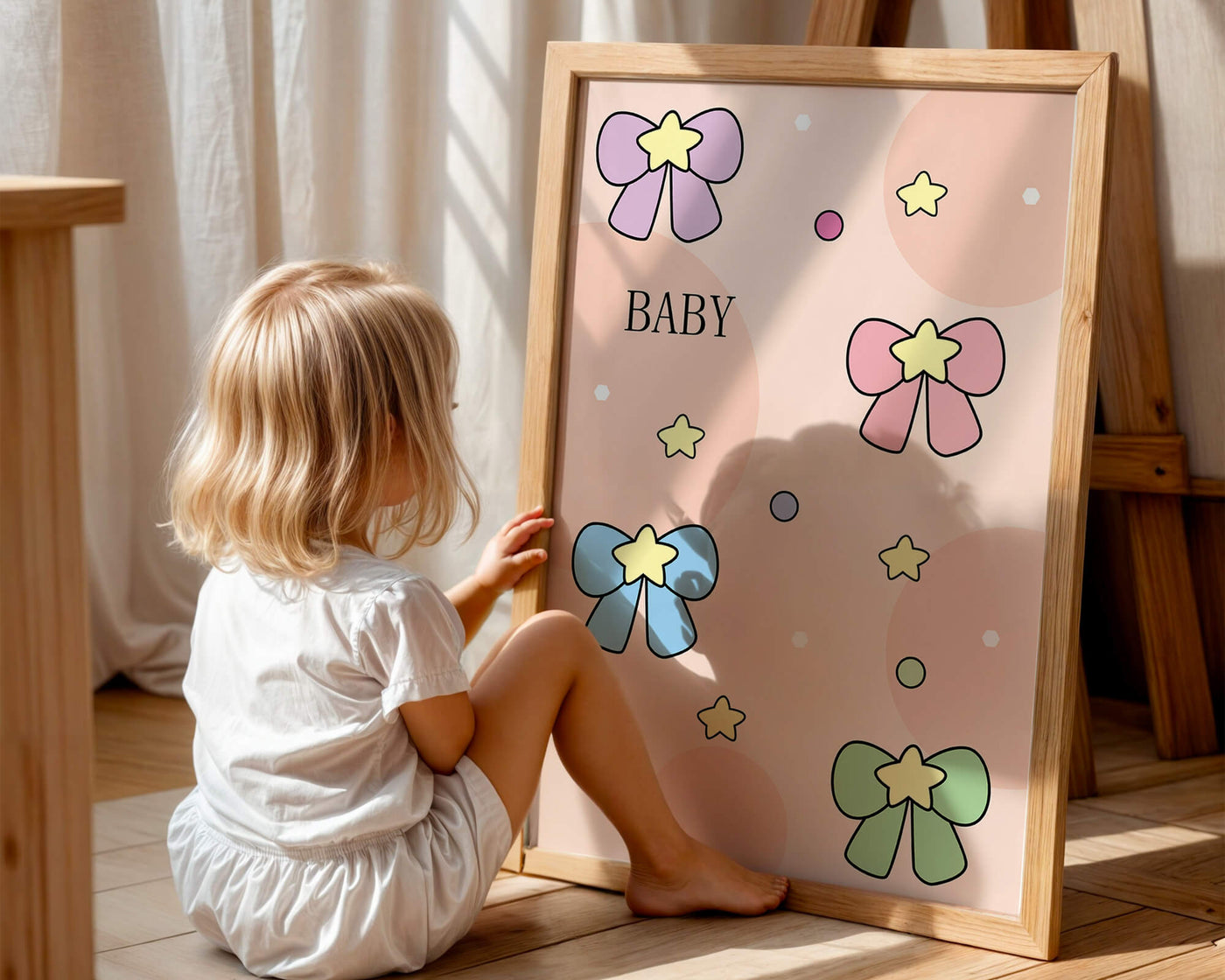 Colorful baby-themed backdrop with bows and stars