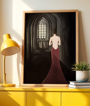 Elegant woman in a red dress inside a gothic hallway