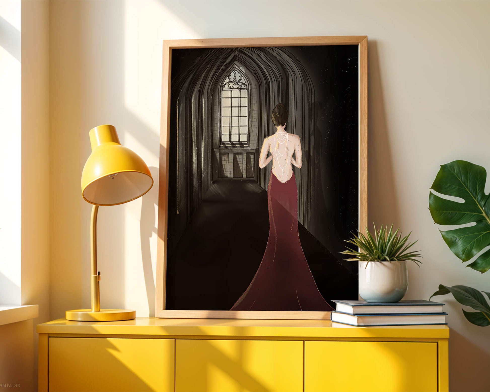 Elegant woman in a red dress inside a gothic hallway