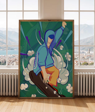 Ilustración abstracta colorida de una persona en movimiento con tonos azules y verdes