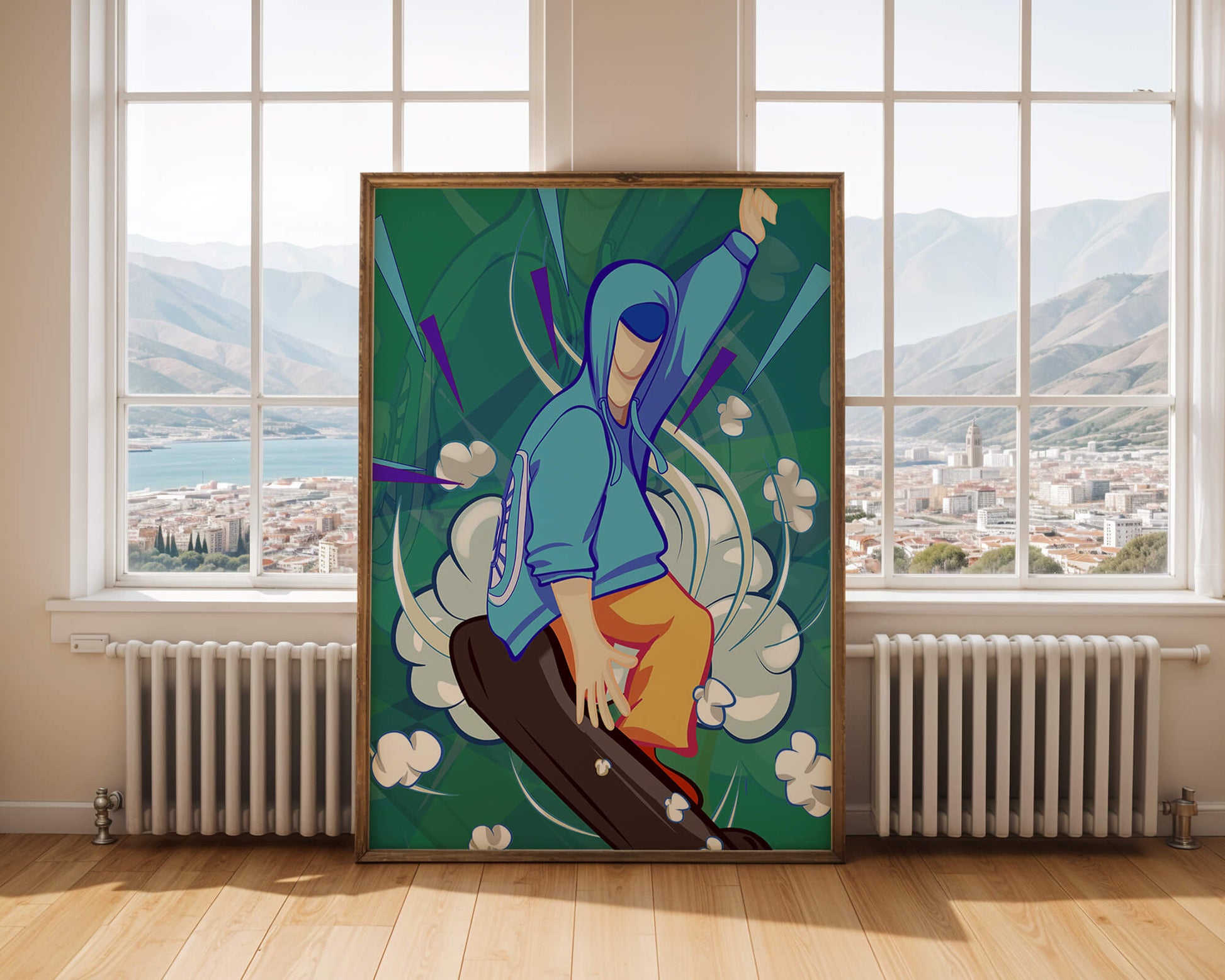 Ilustración abstracta colorida de una persona en movimiento con tonos azules y verdes