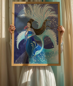 Elegant woman with floral motif and ethereal bird illustration