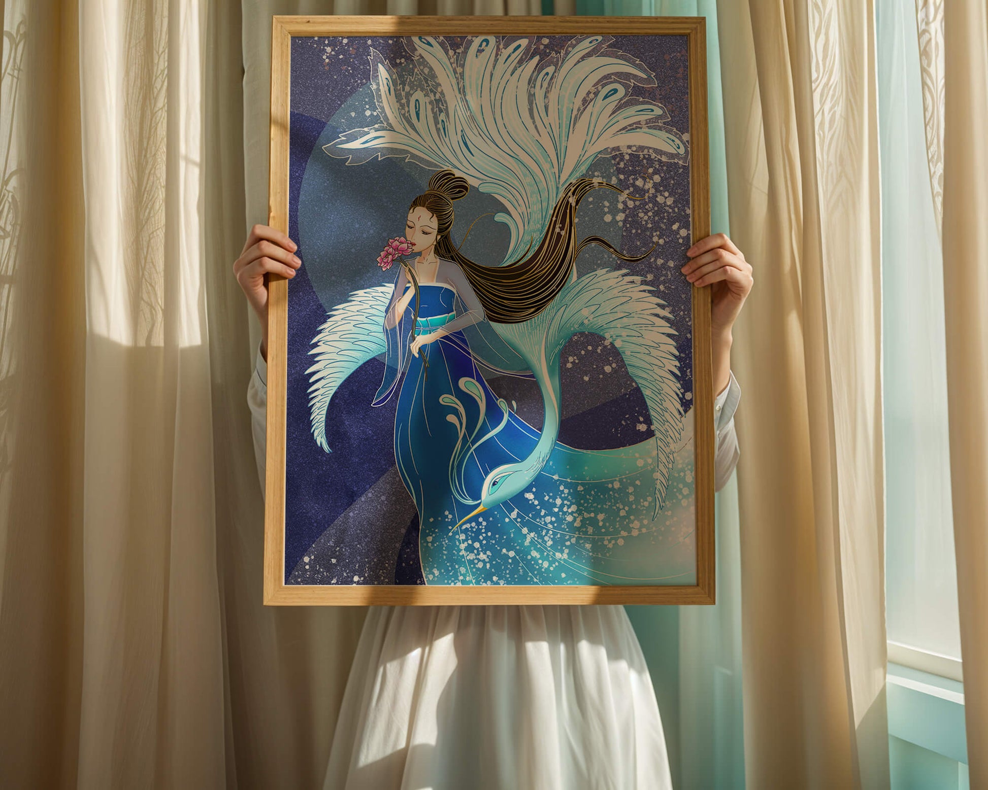 Elegant woman with floral motif and ethereal bird illustration