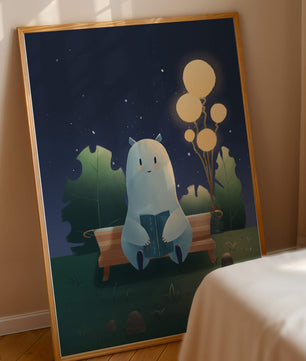 Ilustración nocturna acogedora con una criatura leyendo bajo un cielo estrellado