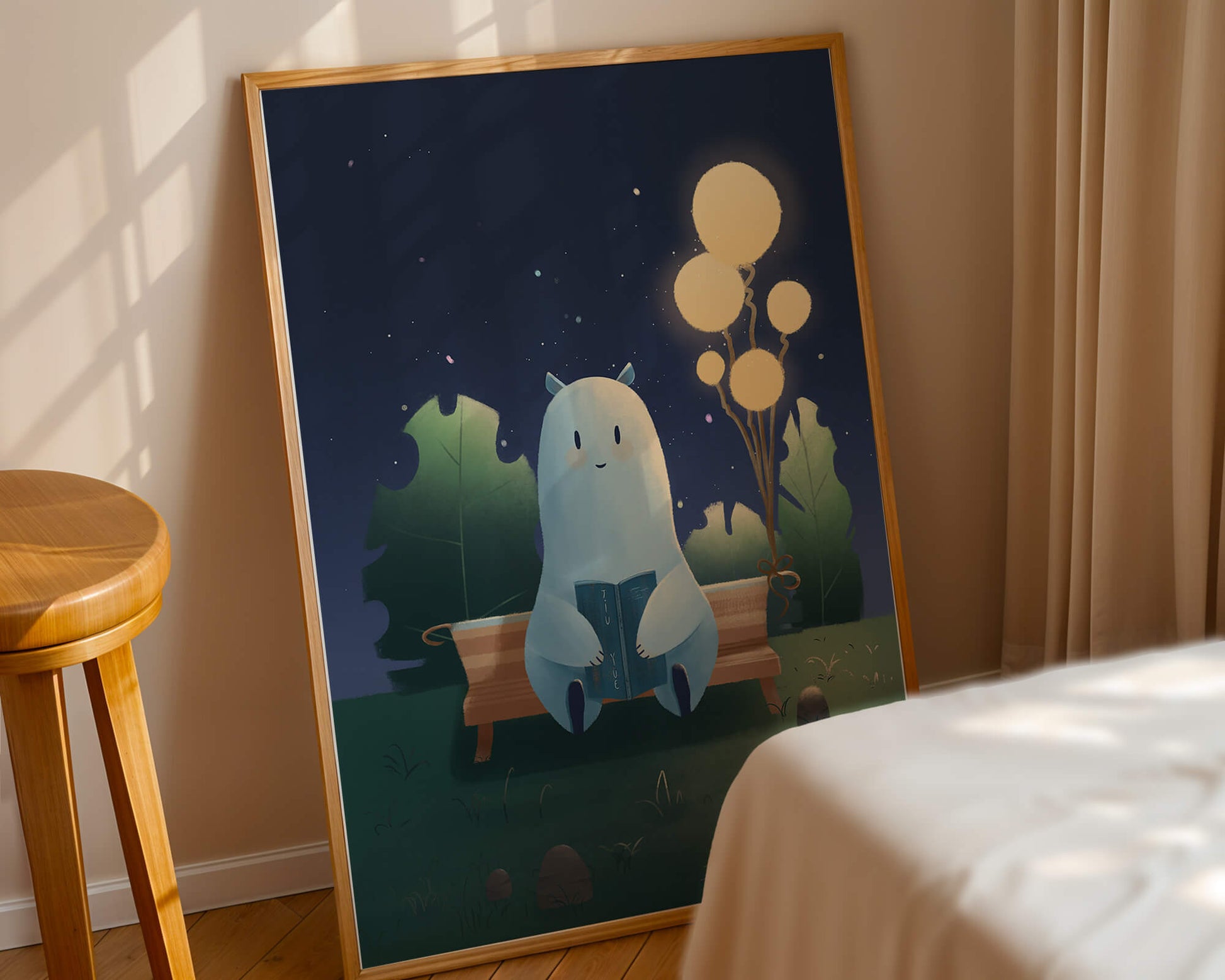 Cozy nighttime illustration with a creature reading under starry sky