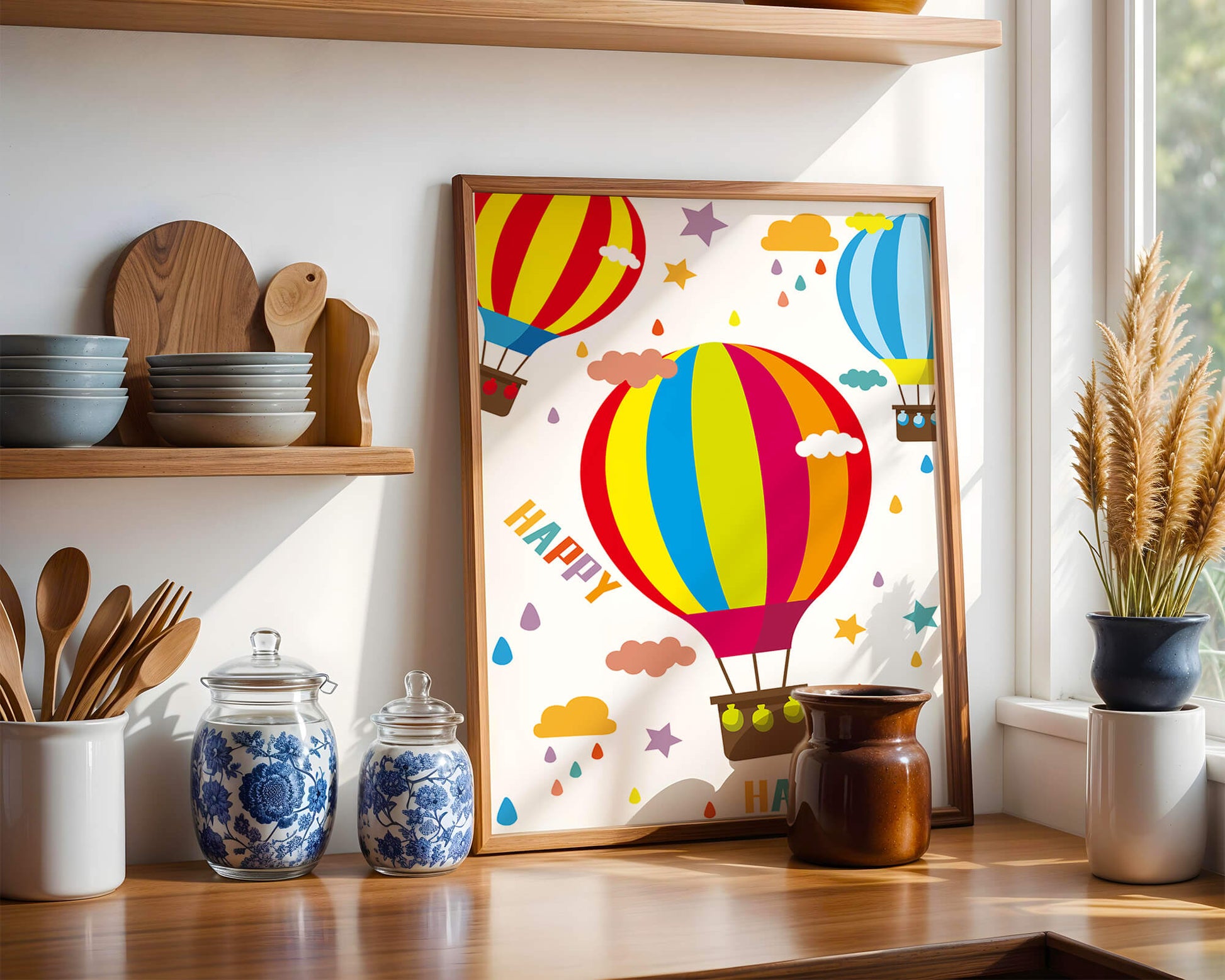 Colorful hot air balloons and happy clouds illustration