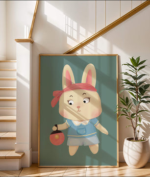 Illustration d'un lapin cartoon avec un bandeau et un sac rond