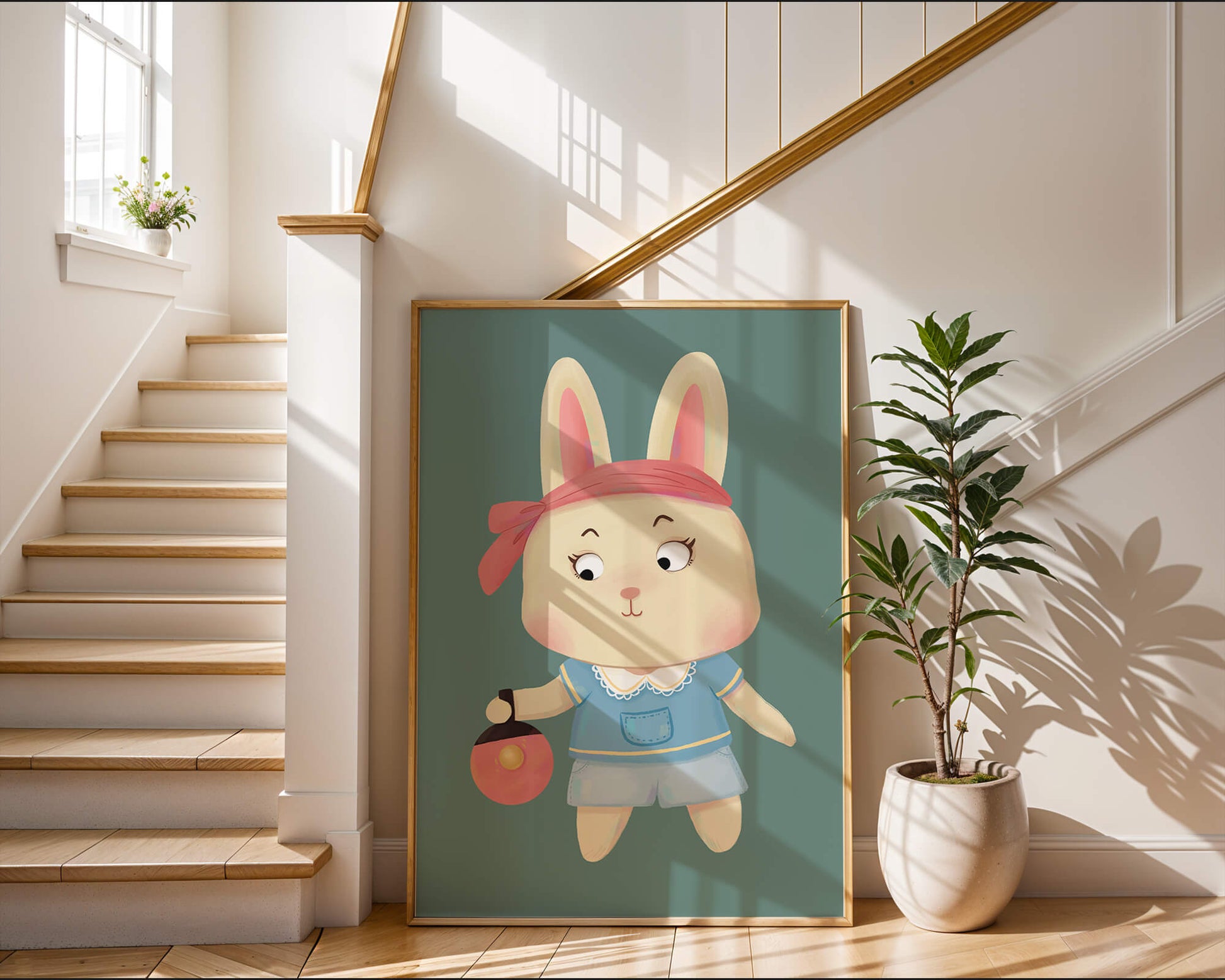 Illustration d'un lapin cartoon avec un bandeau et un sac rond