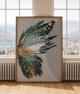 Ala de mariposa abstracta con detalles turquesa y dorados