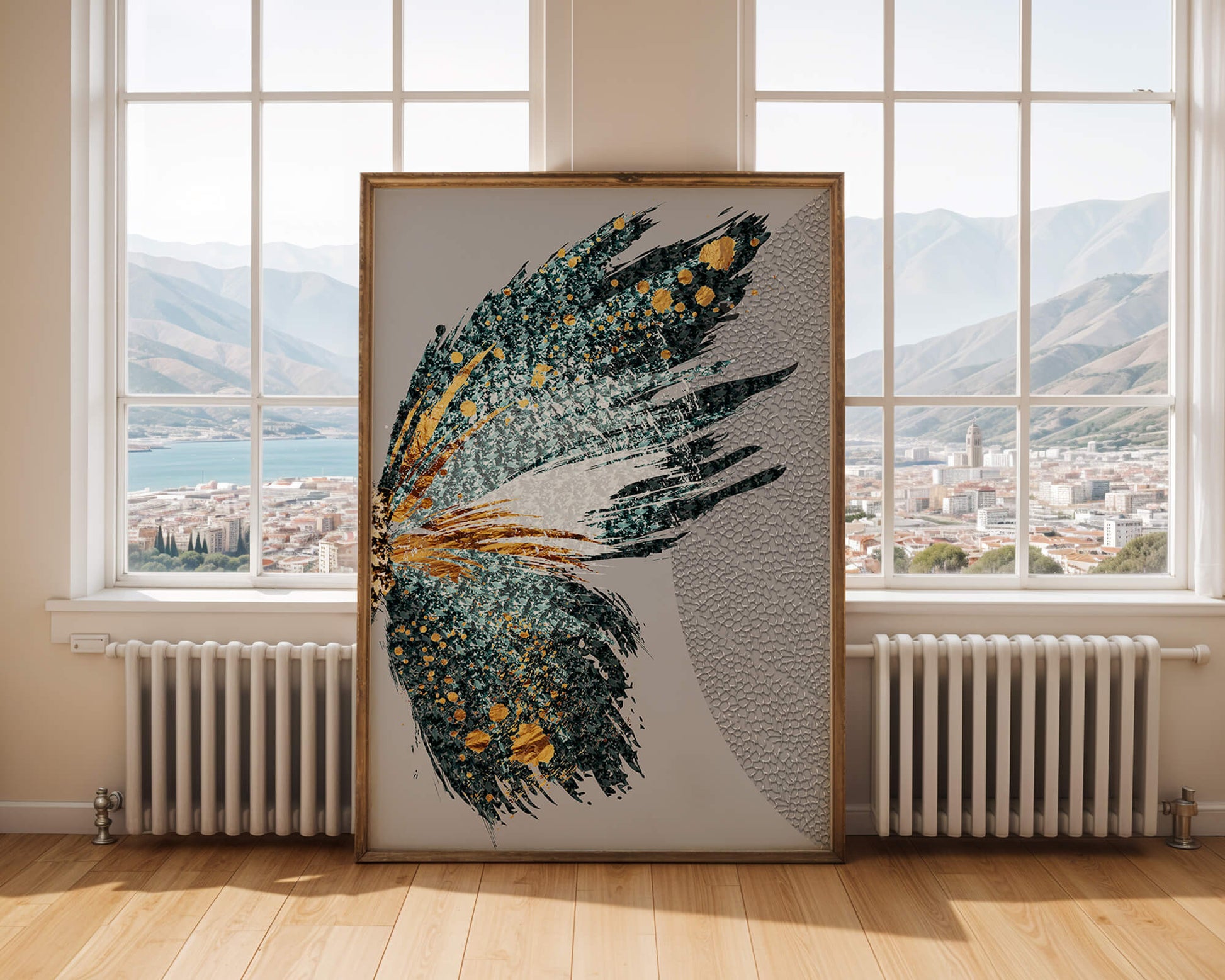 Ala de mariposa abstracta con detalles turquesa y dorados