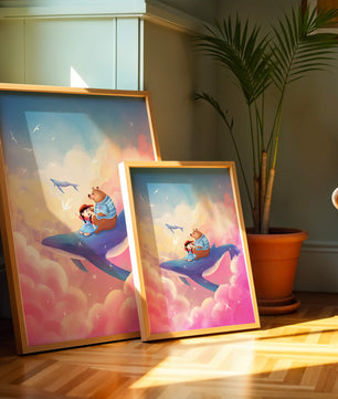 Fantasy illustration of girl and bear riding a whale through colorful clouds