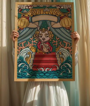 Illustration of a whimsical animal playing a stringed instrument in a fantastical setting