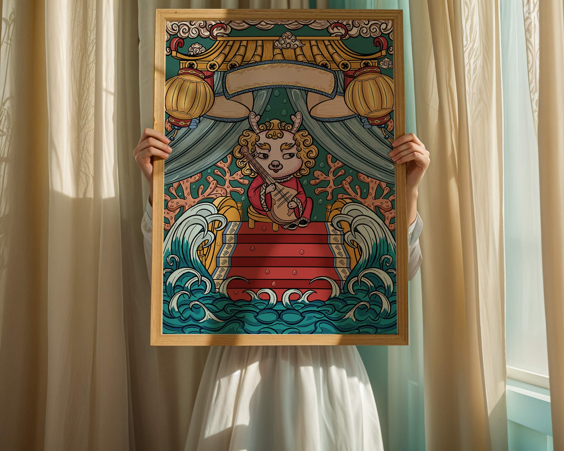 Illustration of a whimsical animal playing a stringed instrument in a fantastical setting