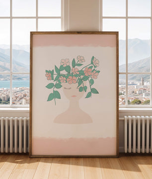 Illustration of a Minimalist Face with Floral Headpiece and Pink Background