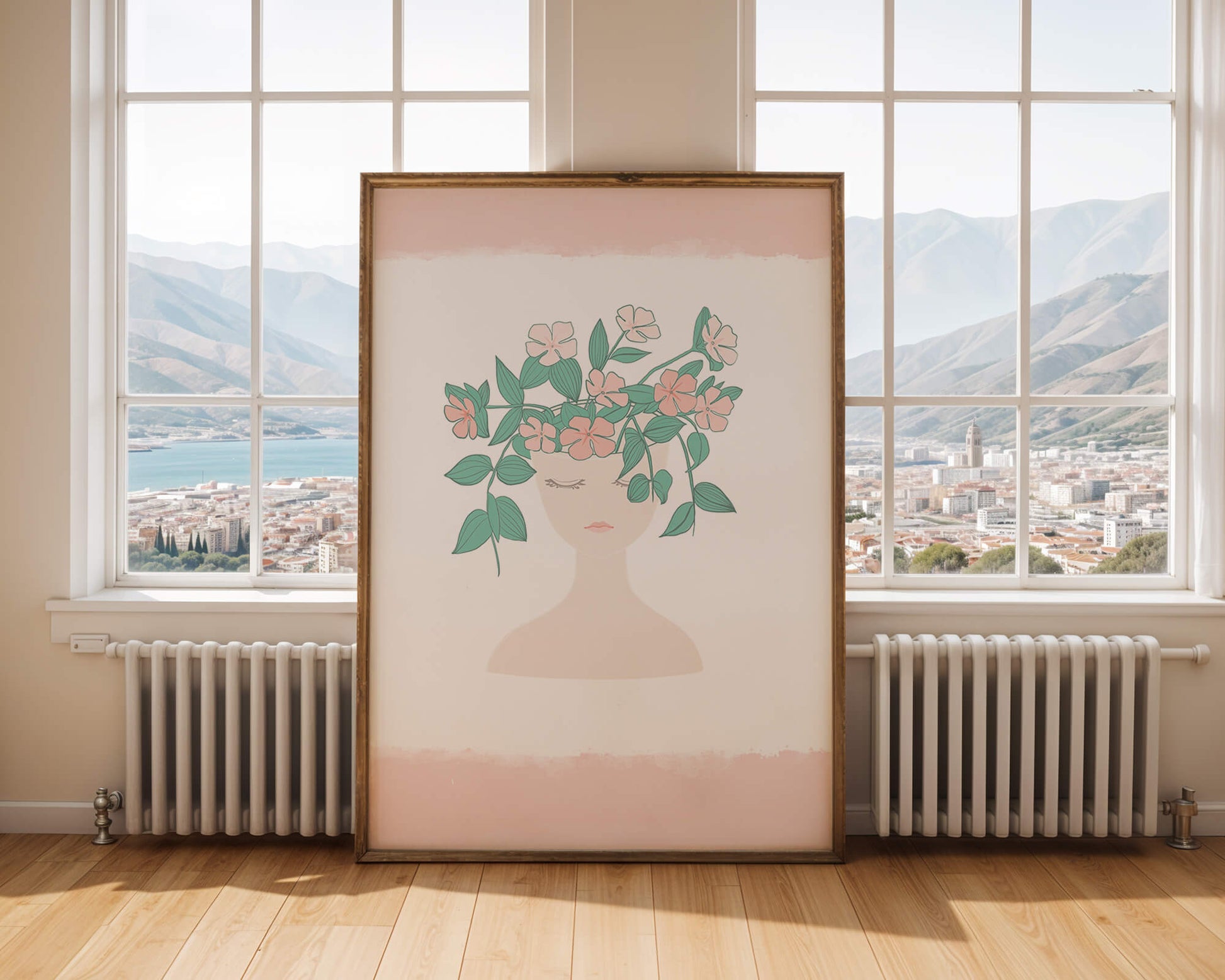 Illustration of a Minimalist Face with Floral Headpiece and Pink Background