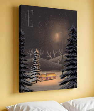 Escena nocturna nevada con cabaña y árboles