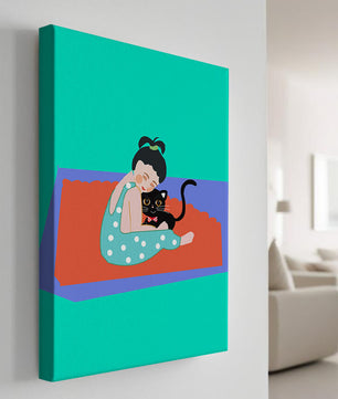 Gemütliche Illustration eines Mädchens, das eine Katze auf einer bunten Matte umarmt