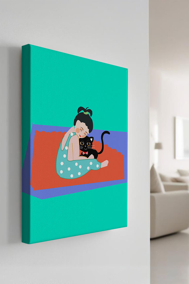 Gemütliche Illustration eines Mädchens, das eine Katze auf einer bunten Matte umarmt