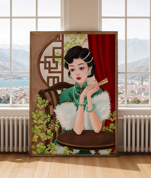 Elegant Woman in Traditional Asian Attire with Floral Background