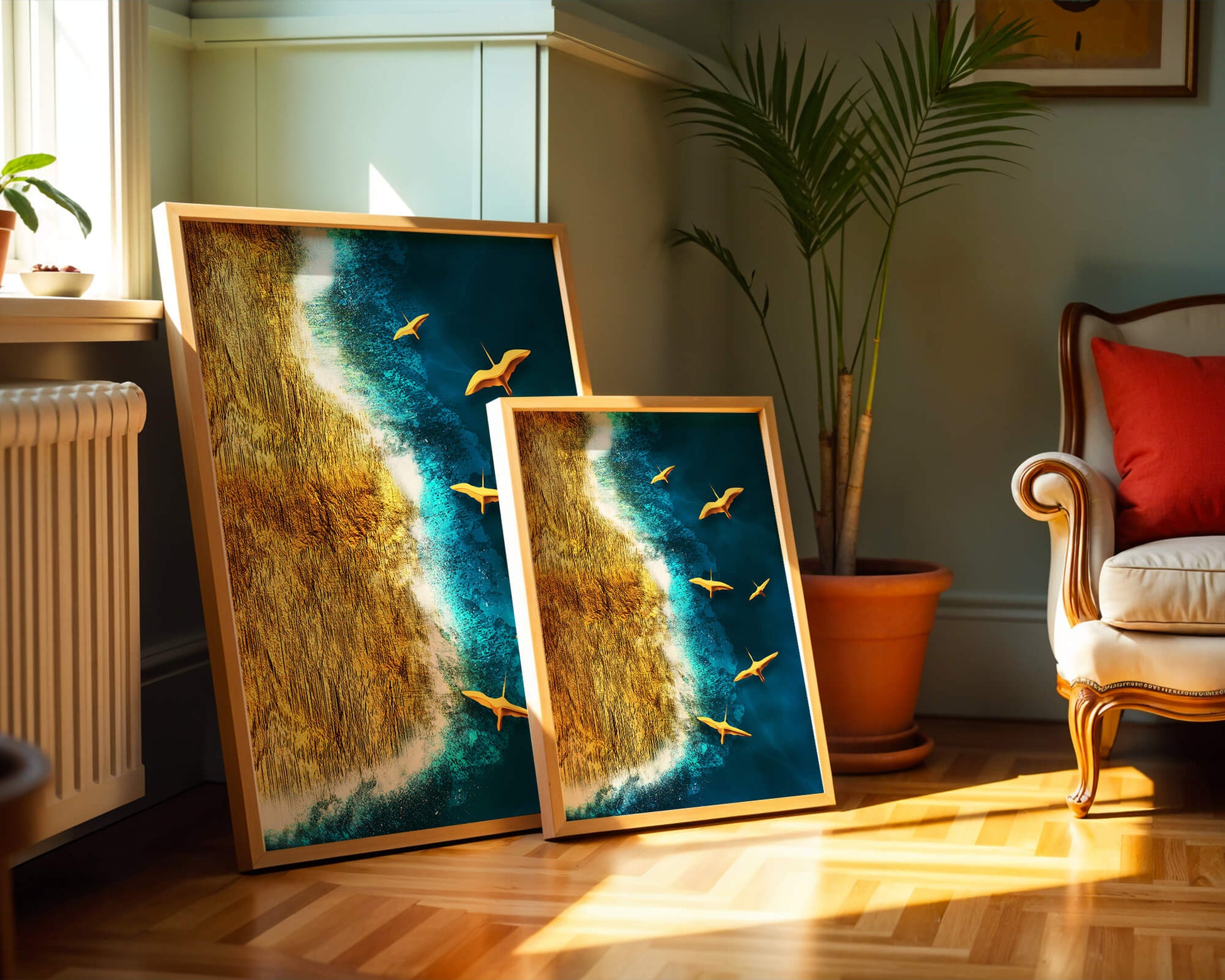 Golden beach landscape with vibrant ocean and flying seabirds